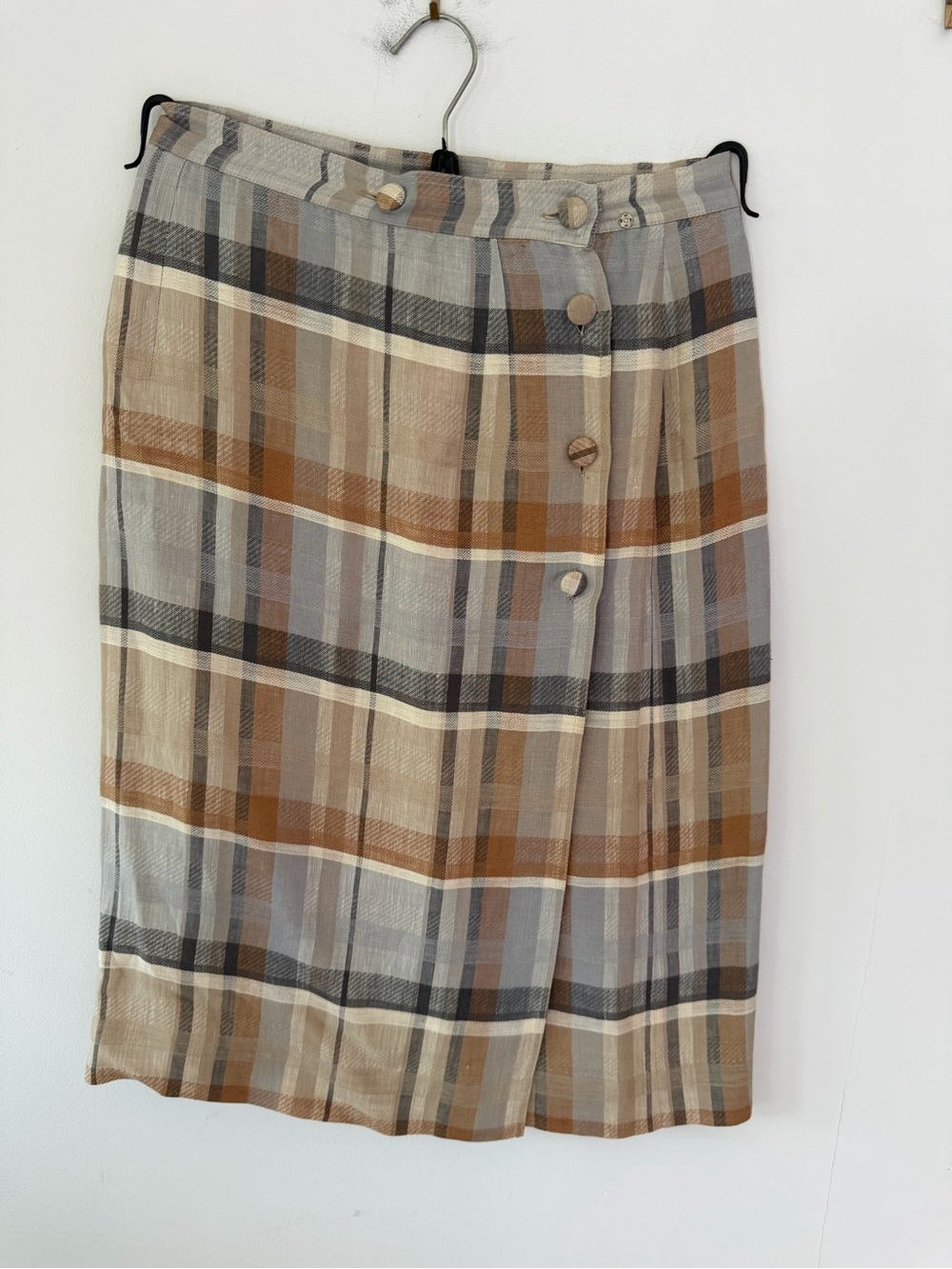 Vintage Classic Plaid Button-Front Midi Skirt Beige & Brown linen made in Italy